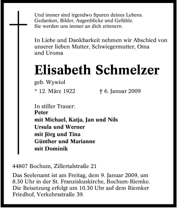 Traueranzeige von Elisabeth Schmelzer von Tageszeitung
