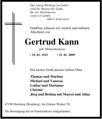 Traueranzeige von Gertrud Kann von Tageszeitung