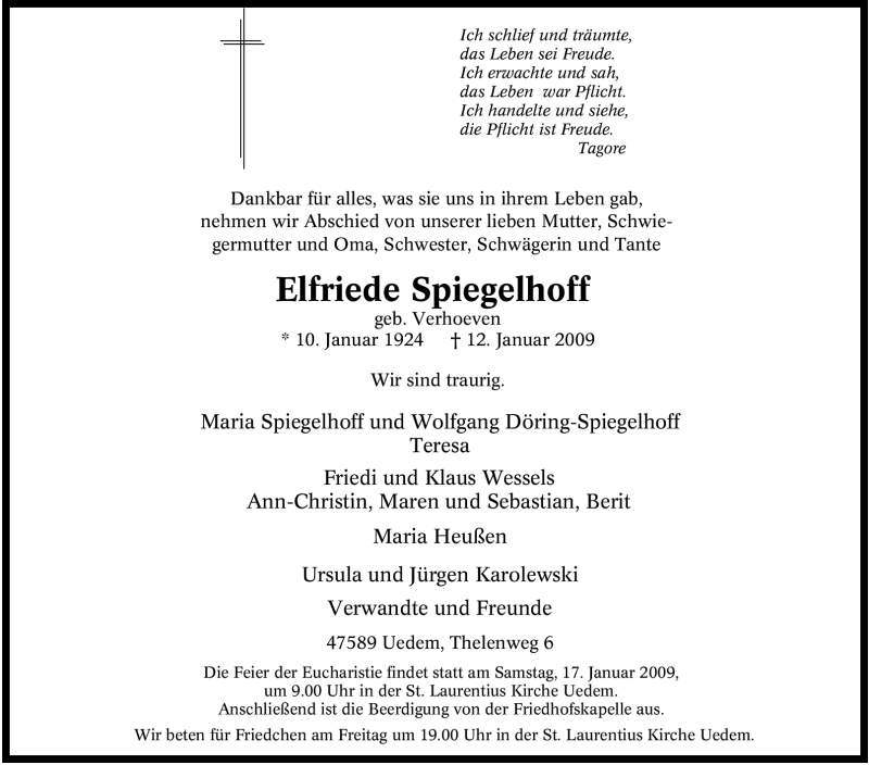  Traueranzeige für Elfriede Spiegelhoff vom 14.01.2009 aus Tageszeitung