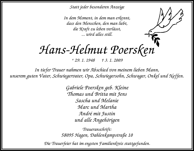  Traueranzeige für Hans-Helmut Poersken vom 10.01.2009 aus Tageszeitung
