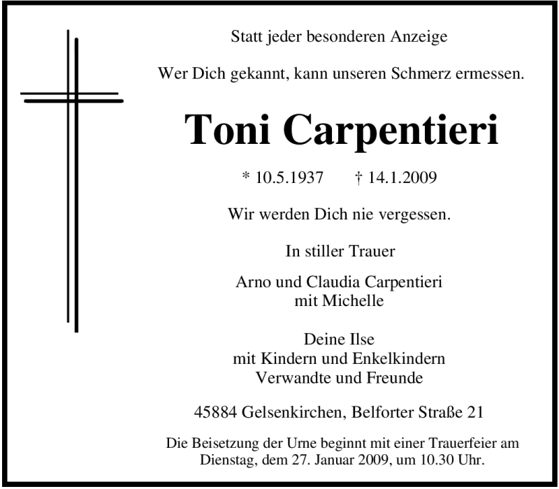  Traueranzeige für Toni Carpentieri vom 21.01.2009 aus Tageszeitung