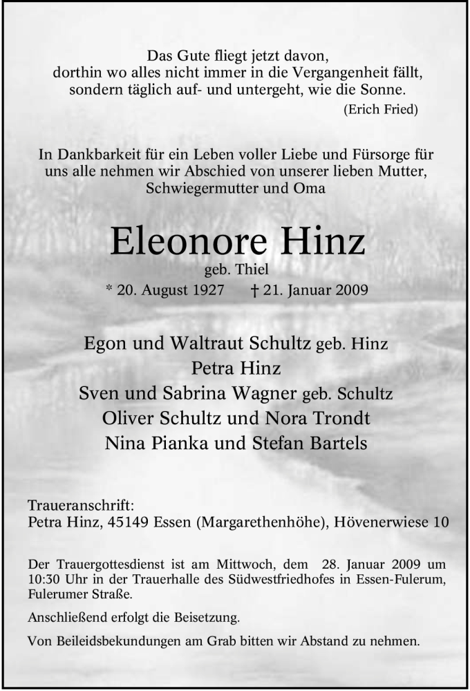  Traueranzeige für Eleonore Hinz vom 24.01.2009 aus Tageszeitung