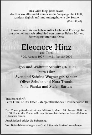 Traueranzeige von Eleonore Hinz von Tageszeitung