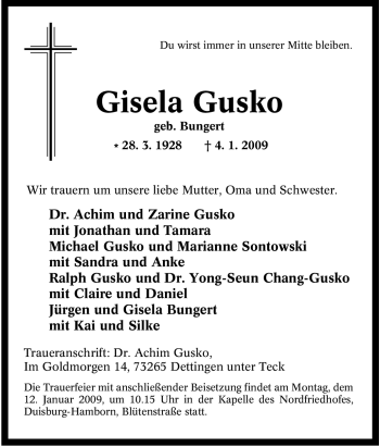 Traueranzeige von Gisela Gusko von Tageszeitung