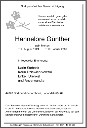 Traueranzeige von Hannelore Günther von Tageszeitung