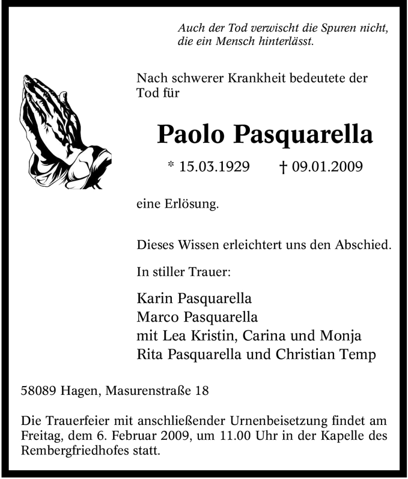  Traueranzeige für Paolo Pasquarella vom 17.01.2009 aus Tageszeitung