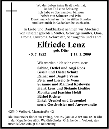 Traueranzeige von Elfriede Lenz von Tageszeitung