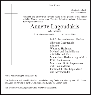 Traueranzeige von Annette Lagoudakis von Tageszeitung