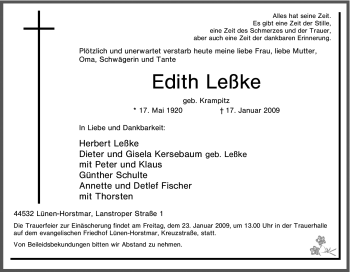 Traueranzeige von Edith Leßke von Tageszeitung