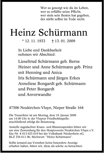 Traueranzeige von Heinz Schürmann von Tageszeitung