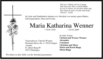 Traueranzeige von Maria Katharina Wenner von Tageszeitung