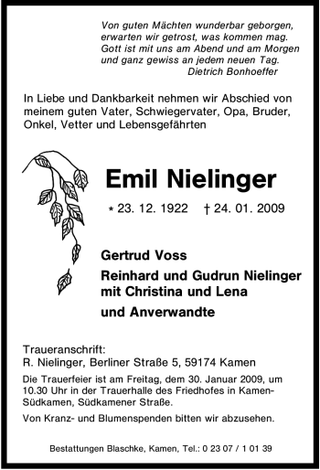 Traueranzeige von Emil Nielinger von Tageszeitung