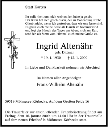 Traueranzeige von Ingrid Altenähr von Tageszeitung
