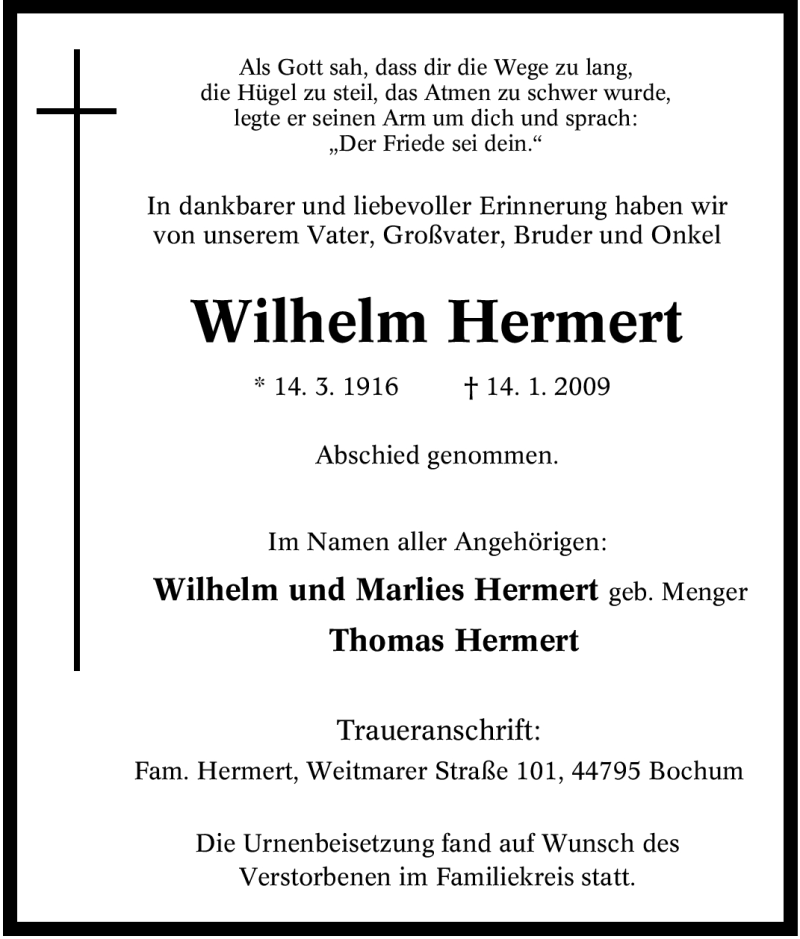  Traueranzeige für Wilhelm Hermert vom 24.01.2009 aus Tageszeitung