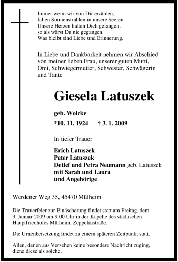 Traueranzeige von Giesela Latuszek von Tageszeitung