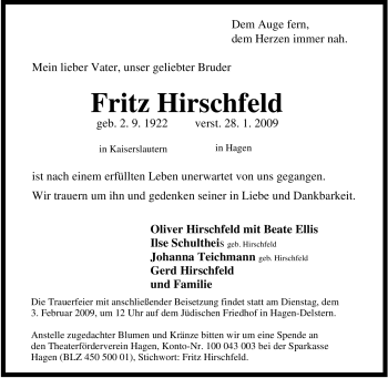 Traueranzeige von Fritz Hirschfeld von Tageszeitung