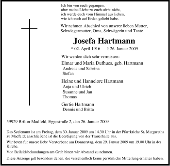Traueranzeige von Josefa Hartmann von Tageszeitung
