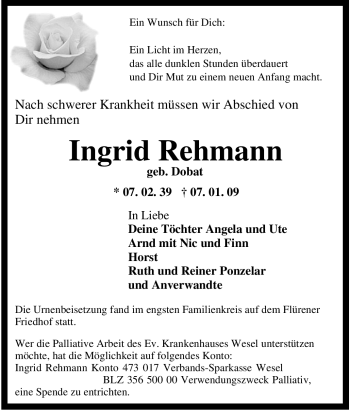 Traueranzeige von Ingrid Rehmann von Tageszeitung