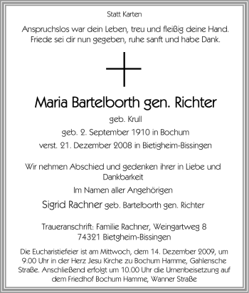 Traueranzeige von Maria Bartelborth von Tageszeitung