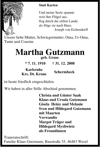 Traueranzeige von Martha Gutzmann von Tageszeitung