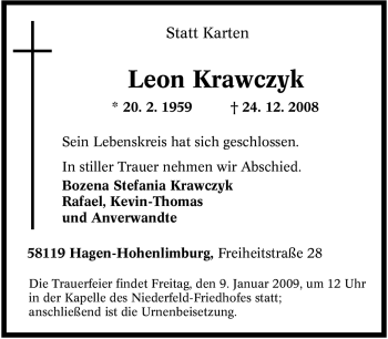 Traueranzeige von Leon Krawczyk von Tageszeitung