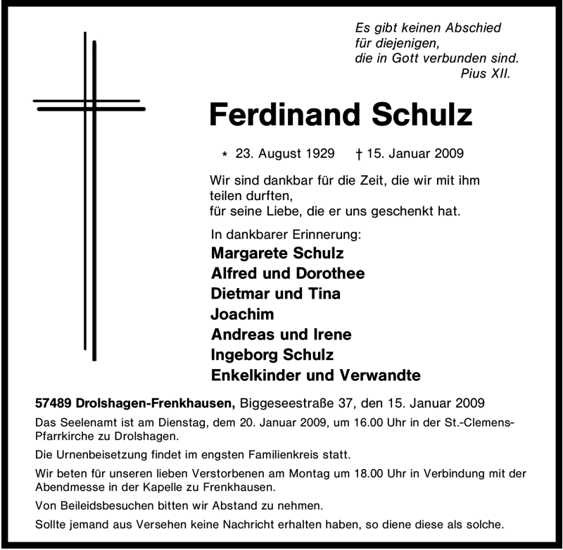  Traueranzeige für Ferdinand Schulz vom 17.01.2009 aus Tageszeitung