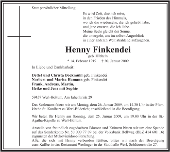 Traueranzeige von Henny Finkendei von Tageszeitung