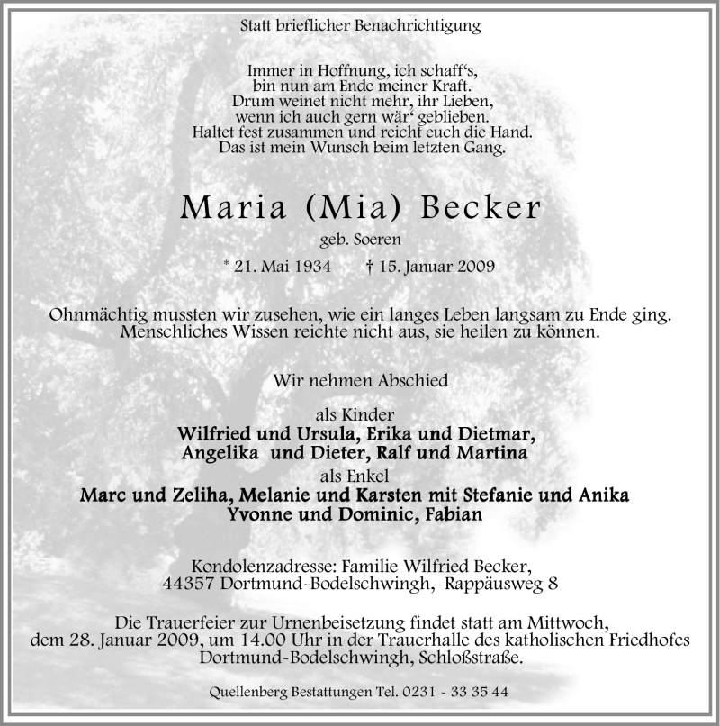  Traueranzeige für Maria (Mia) Becker vom 21.01.2009 aus Tageszeitung