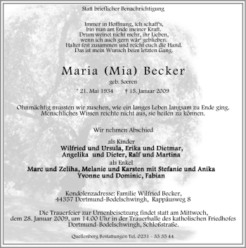Traueranzeige von Maria (Mia) Becker von Tageszeitung