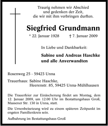Traueranzeige von Siegfried Grundmann von Tageszeitung