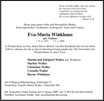 Traueranzeige von Eva-Maria Winkhaus von Tageszeitung