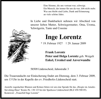Traueranzeige von Inge Lorentz von Tageszeitung
