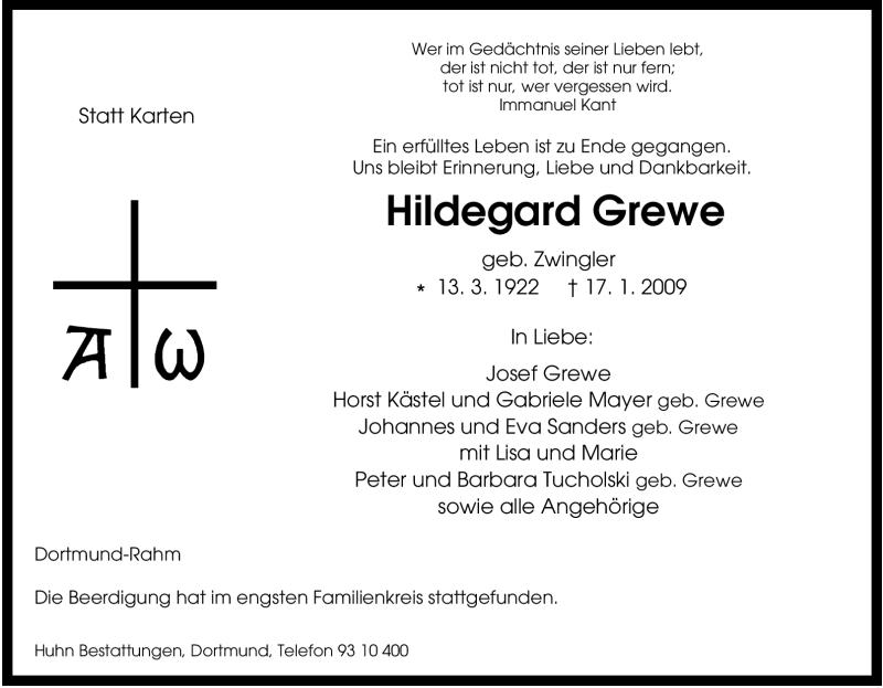  Traueranzeige für Hildegard Grewe vom 24.01.2009 aus Tageszeitung