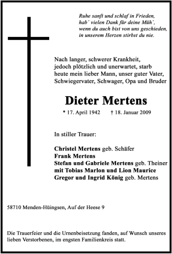 Traueranzeige von Dieter Mertens von Tageszeitung