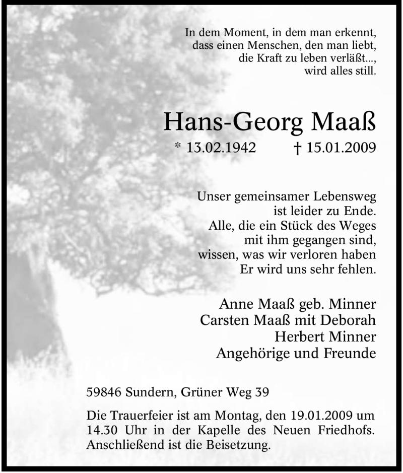  Traueranzeige für Hans-Georg Maaß vom 16.01.2009 aus Tageszeitung