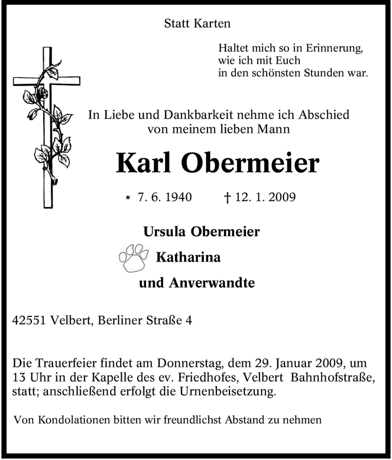  Traueranzeige für Karl Obermeier vom 27.01.2009 aus Tageszeitung