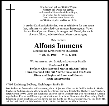 Traueranzeige von Alfons Immens von Tageszeitung