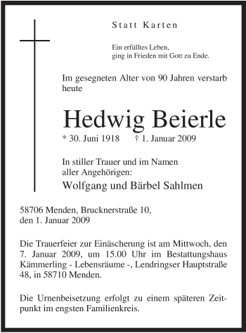 Traueranzeige von Hedwig Beierle von Tageszeitung