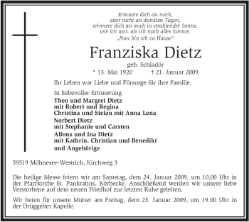 Traueranzeige von Franziska Dietz von Tageszeitung