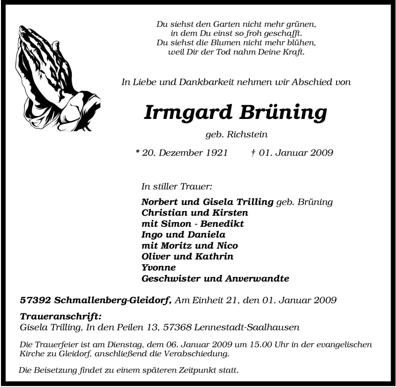  Traueranzeige für Irmgard Brüning vom 03.01.2009 aus Tageszeitung