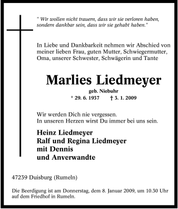 Traueranzeige von Marlies Liedmeyer von Tageszeitung