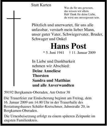 Traueranzeige von Hans Post von Tageszeitung
