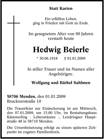 Traueranzeige von Hedwig Beierle von Tageszeitung