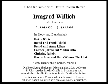 Traueranzeige von Irmgard Willich von Tageszeitung