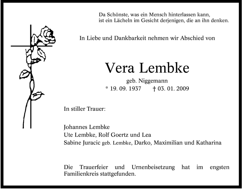  Traueranzeige für Vera Lembke vom 19.01.2009 aus Tageszeitung
