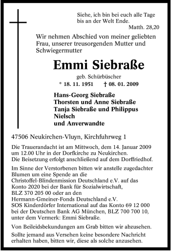 Traueranzeige von Emmi Siebraße von Tageszeitung