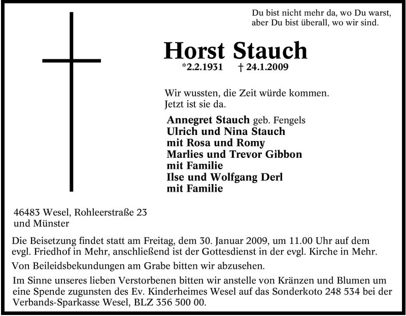 Traueranzeigen von Horst Stauch TrauerinNRW.de