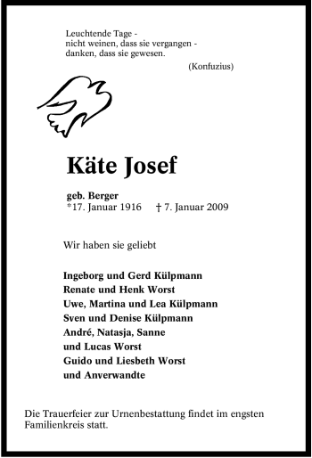 Traueranzeige von Käte Josef von Tageszeitung
