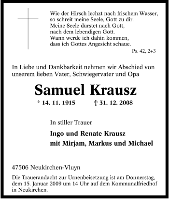 Traueranzeige von Samuel Krausz von Tageszeitung