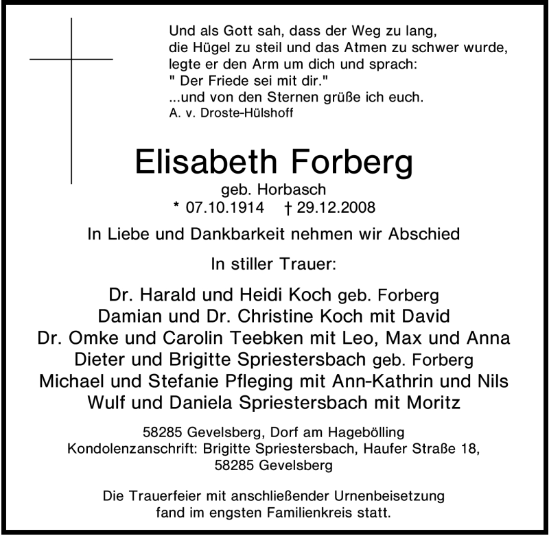  Traueranzeige für Elisabeth Forberg vom 21.01.2009 aus Tageszeitung